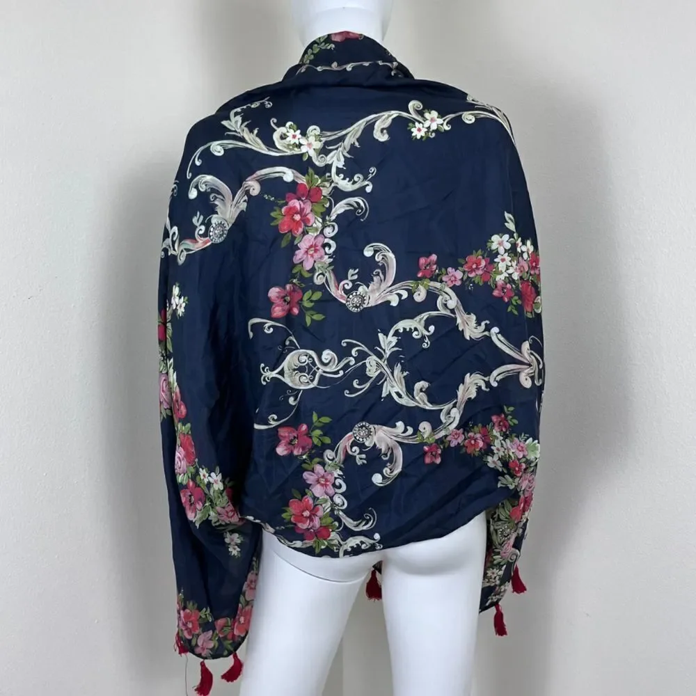 Johnny Was Size M Silk Tassel Wide Flared Sleeve Floral Mococo Boho Shrug Poncho